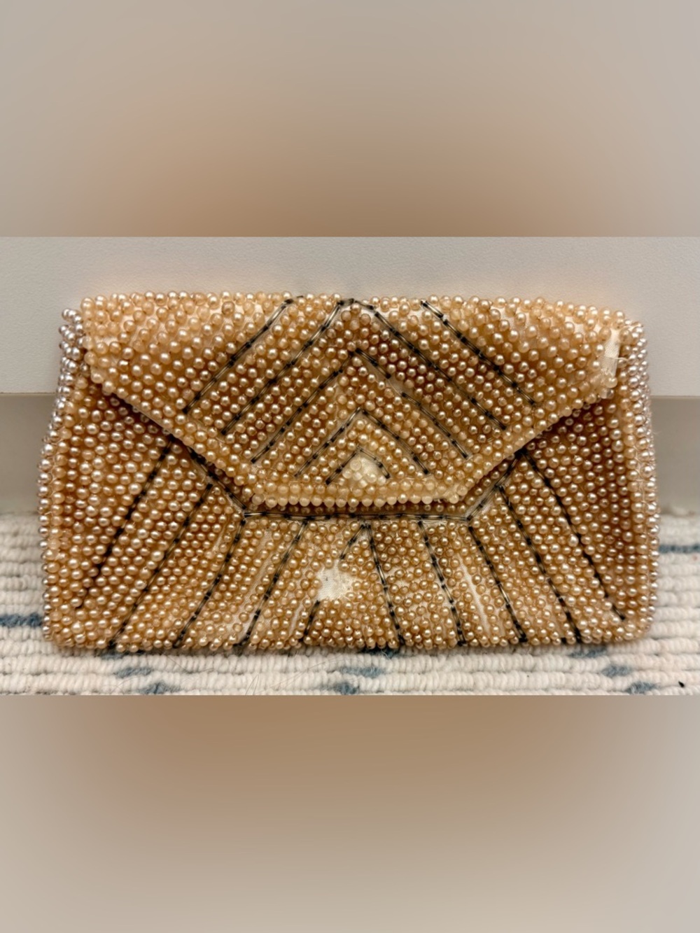 RICCI Vintage 50’s/60’s Creamy Faux Pearl Chevron Beaded Envelope Clutch Purse